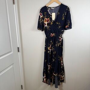 NEW KorMei Floral Print Faux Wrap‎ Maxi Dress Medium High Low Ruffle Trim NWT